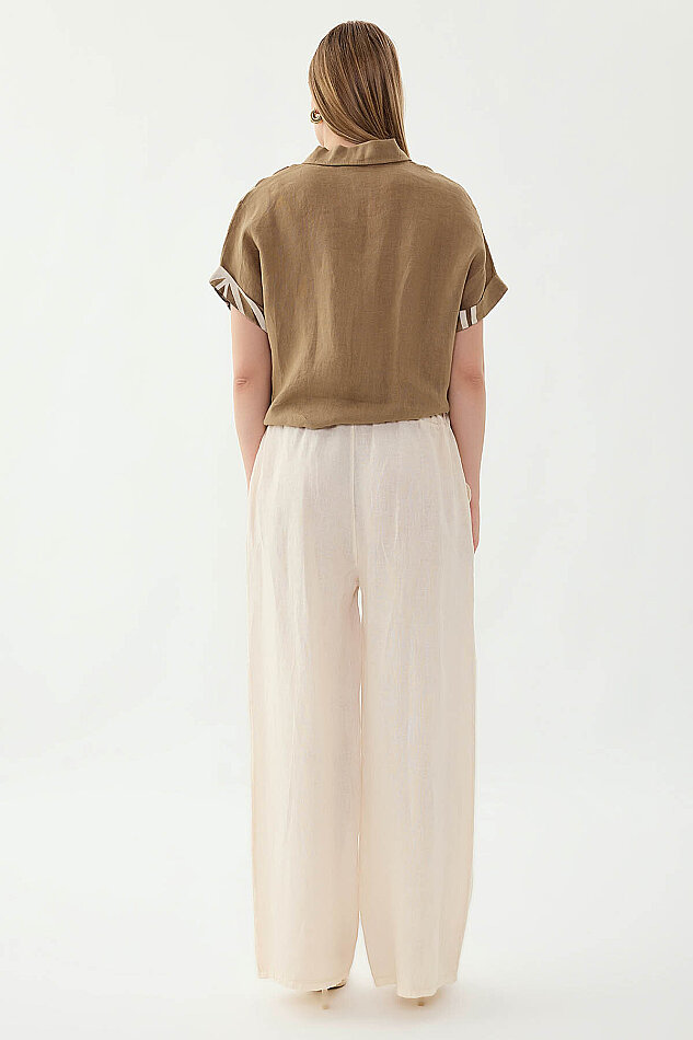 %100 Keten Beli İp Bağlamalı Geniş Paça Pantolon - 34