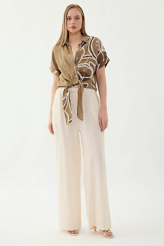 %100 Keten Beli İp Bağlamalı Geniş Paça Pantolon - 35