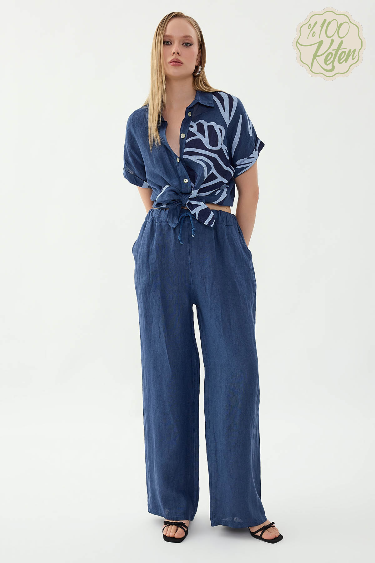 %100 Keten Beli İp Bağlamalı Geniş Paça Pantolon - Thumbnail