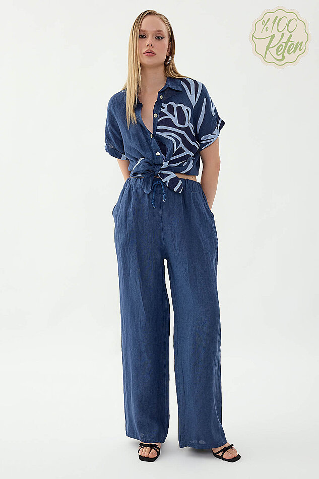 %100 Keten Beli İp Bağlamalı Geniş Paça Pantolon - 36