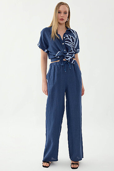 %100 Keten Beli İp Bağlamalı Geniş Paça Pantolon - 37