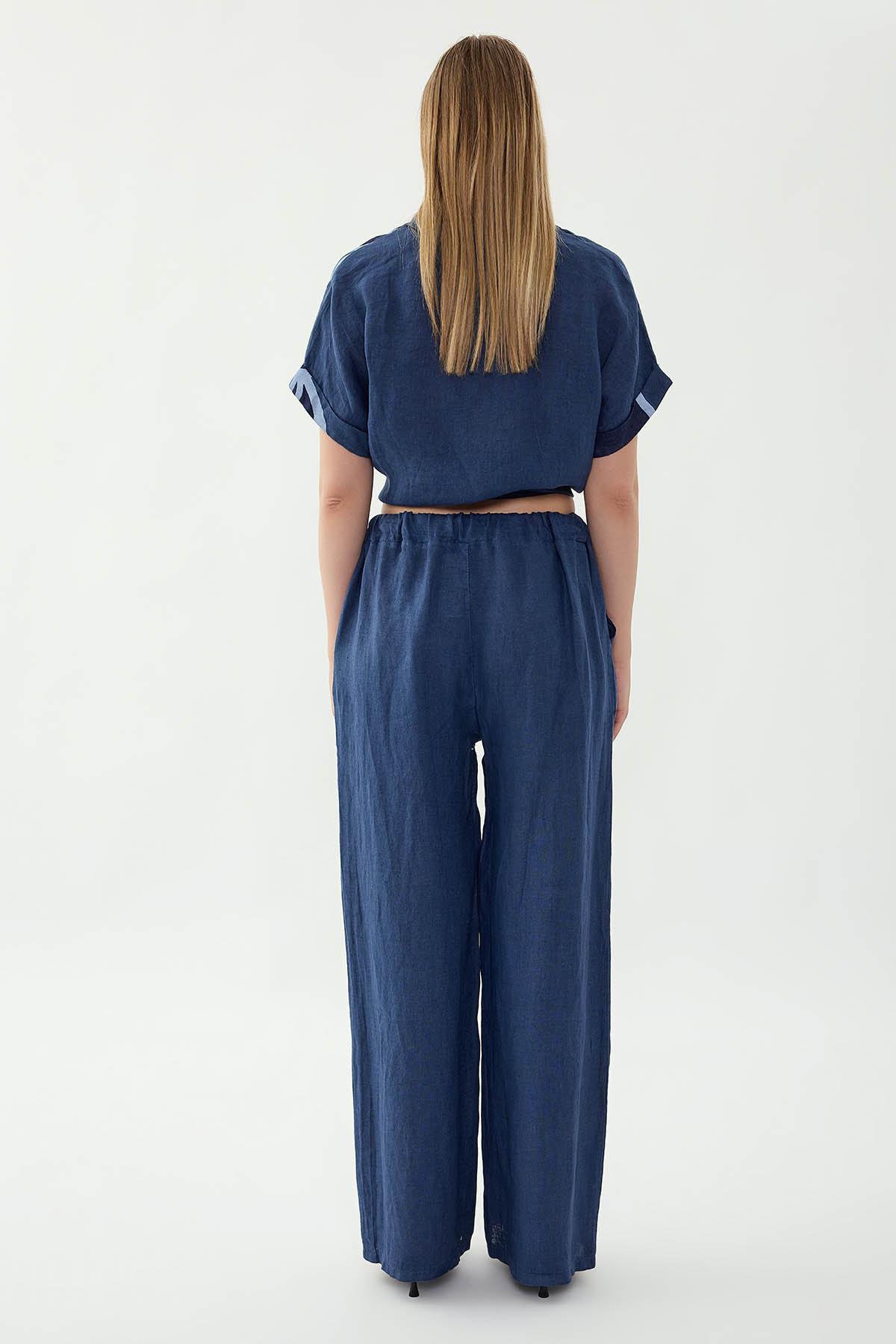 %100 Keten Beli İp Bağlamalı Geniş Paça Pantolon - Thumbnail