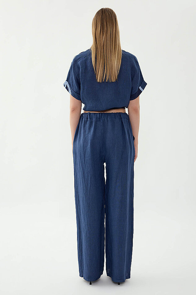 %100 Keten Beli İp Bağlamalı Geniş Paça Pantolon - 39