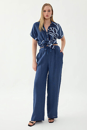 %100 Keten Beli İp Bağlamalı Geniş Paça Pantolon - 40