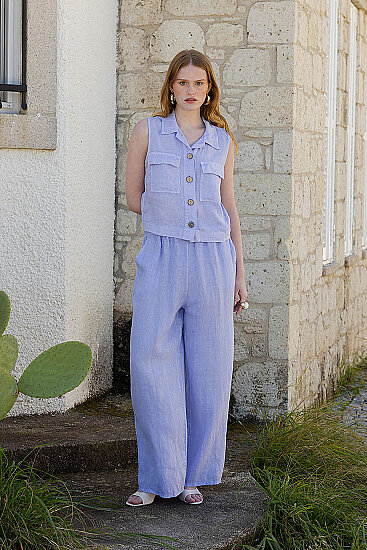 %100 Keten Beli İp Bağlamalı Geniş Paça Pantolon - 1