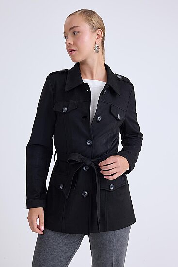 Beli Kuşaklı Düğmeli Süet Ceket - 6