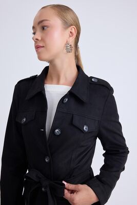 Beli Kuşaklı Düğmeli Süet Ceket - Thumbnail (8)