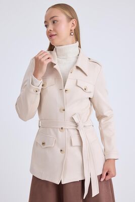 Beli Kuşaklı Düğmeli Süet Ceket - Thumbnail (10)