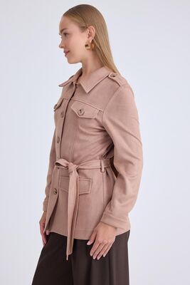 Beli Kuşaklı Düğmeli Süet Ceket - Thumbnail (3)