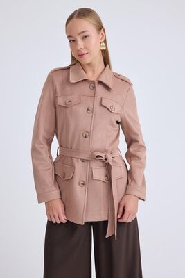 VİTRİN - Beli Kuşaklı Düğmeli Süet Ceket