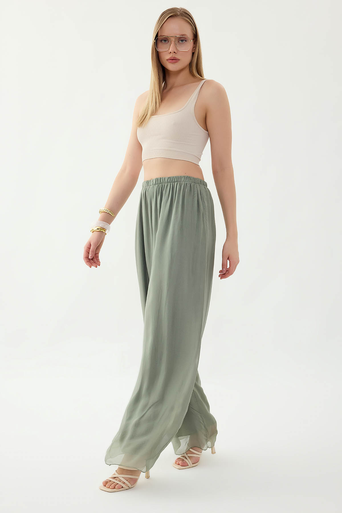 Beli Lastikli Astarlı İpek Pantolon - Thumbnail