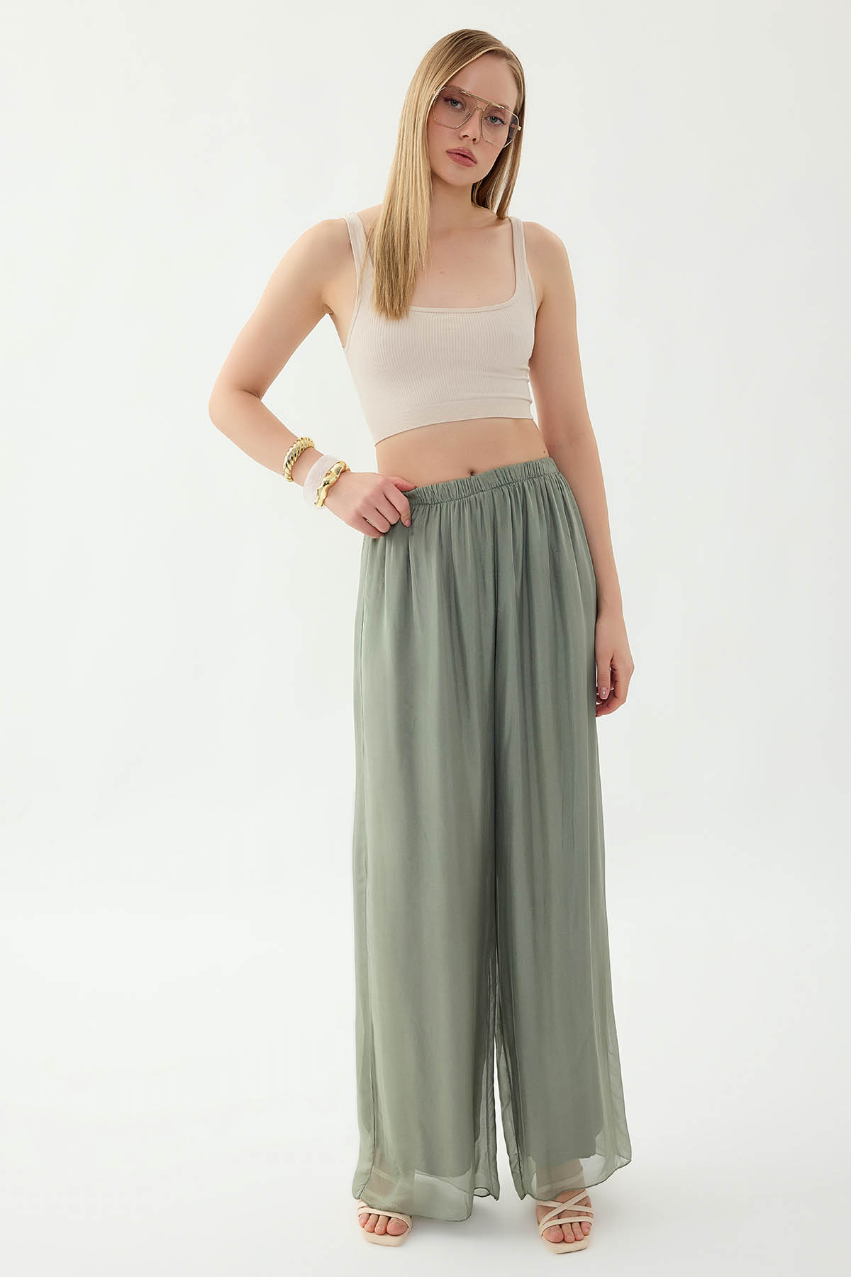 Beli Lastikli Astarlı İpek Pantolon - Thumbnail