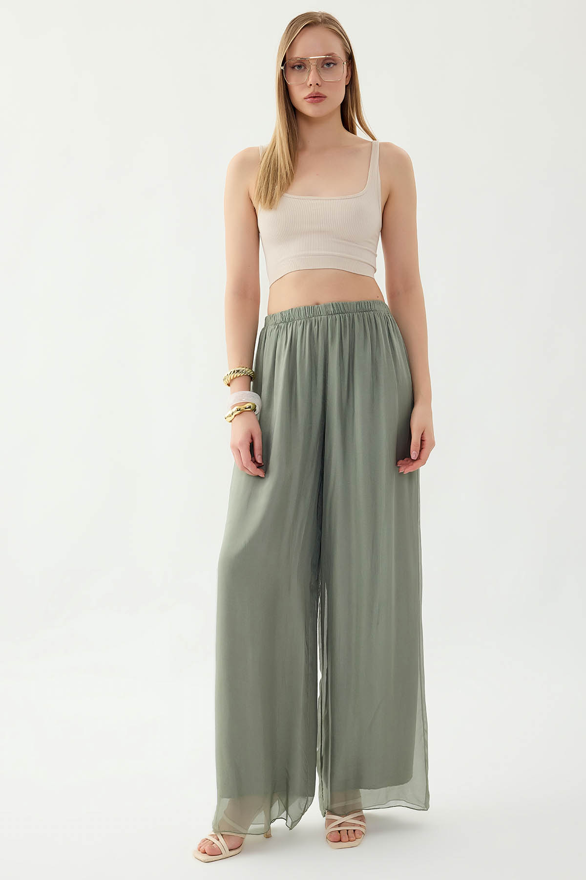 Beli Lastikli Astarlı İpek Pantolon - Thumbnail