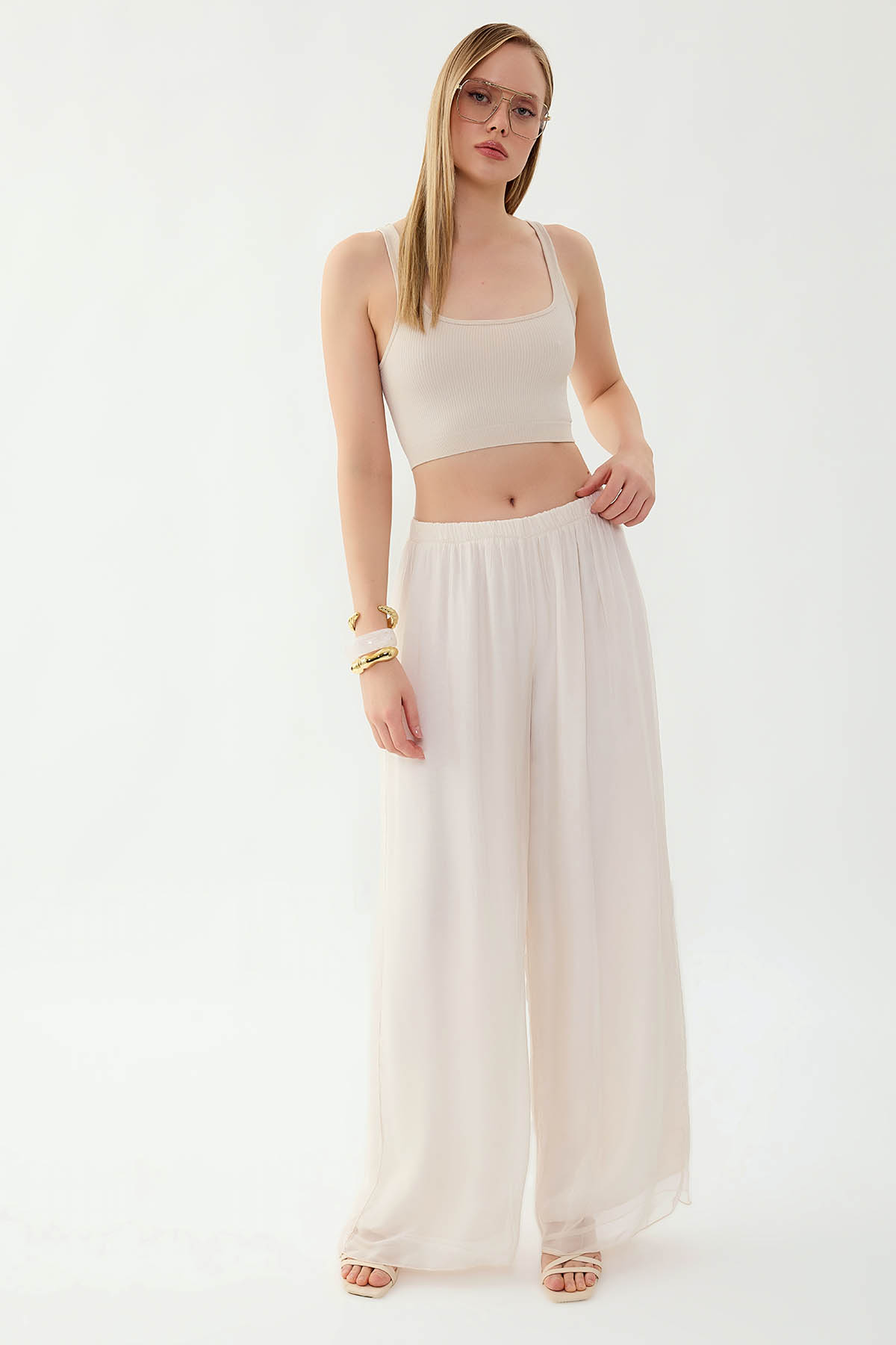 Beli Lastikli Astarlı İpek Pantolon - Thumbnail