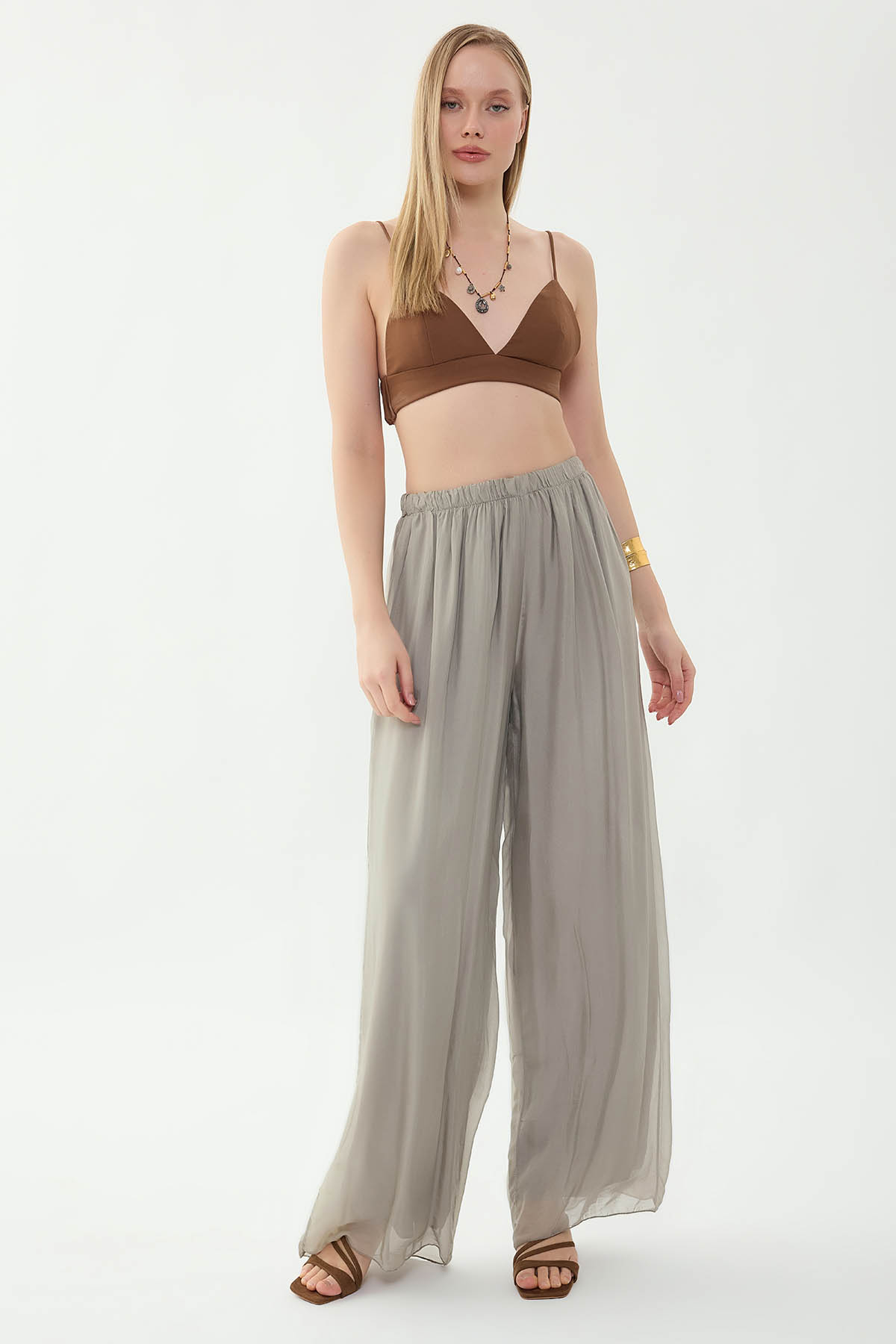 Beli Lastikli Astarlı İpek Pantolon - Thumbnail