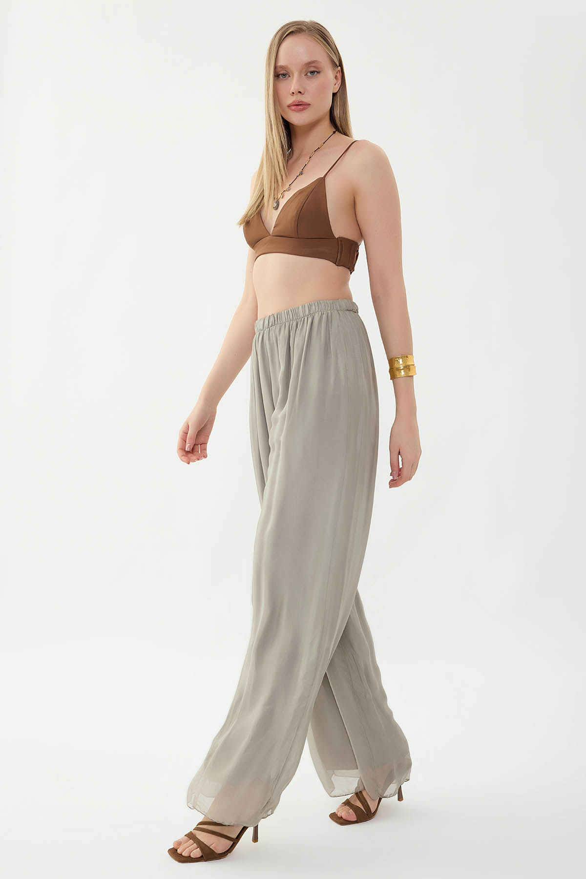 Beli Lastikli Astarlı İpek Pantolon - Thumbnail