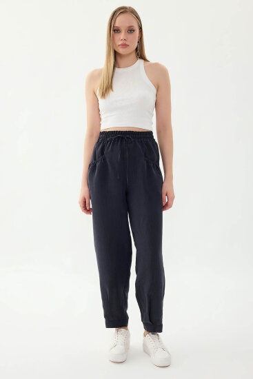 Beli Lastikli Cep Detaylı Çizgili Pantolon - 1