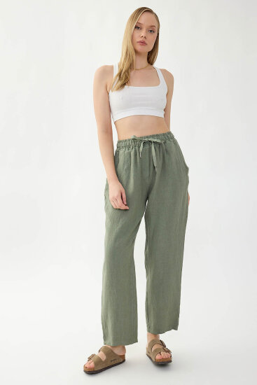 %100 Keten Beli Lastikli Cepli Geniş Paça Pantolon - 8