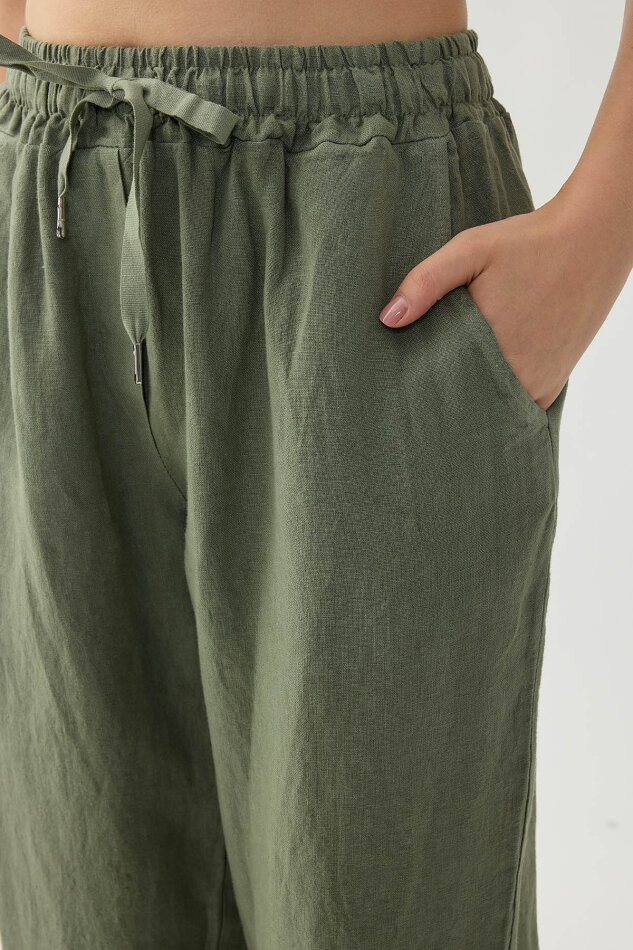 %100 Keten Beli Lastikli Cepli Geniş Paça Pantolon - 9
