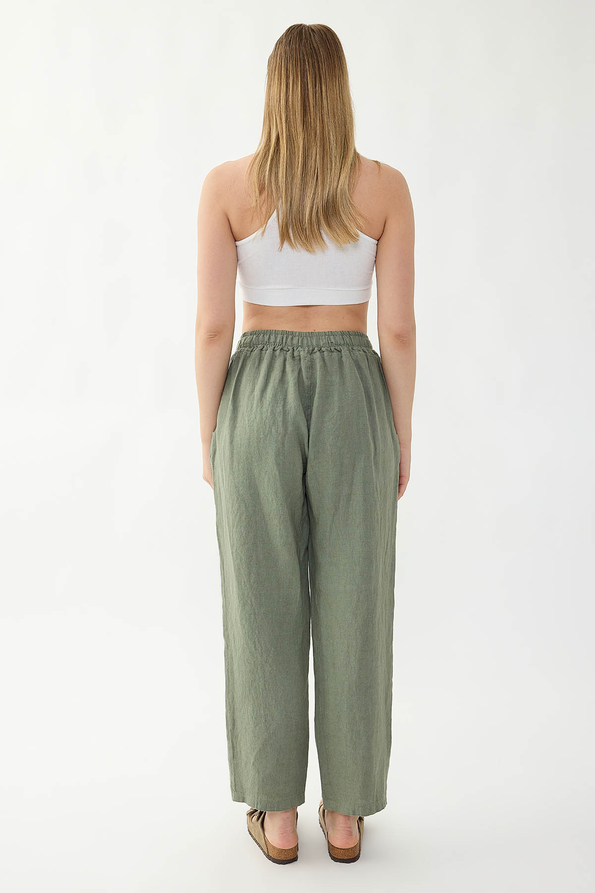 %100 Keten Beli Lastikli Cepli Geniş Paça Pantolon - Thumbnail