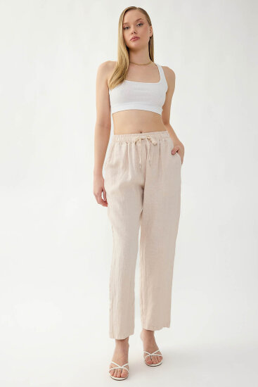 %100 Keten Beli Lastikli Cepli Geniş Paça Pantolon - 12