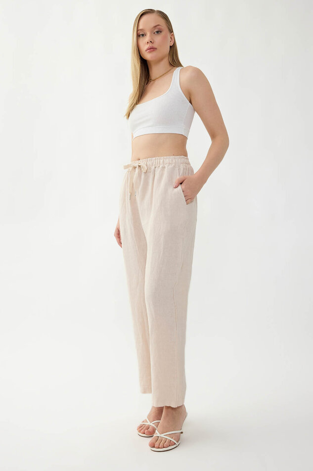 %100 Keten Beli Lastikli Cepli Geniş Paça Pantolon - 13