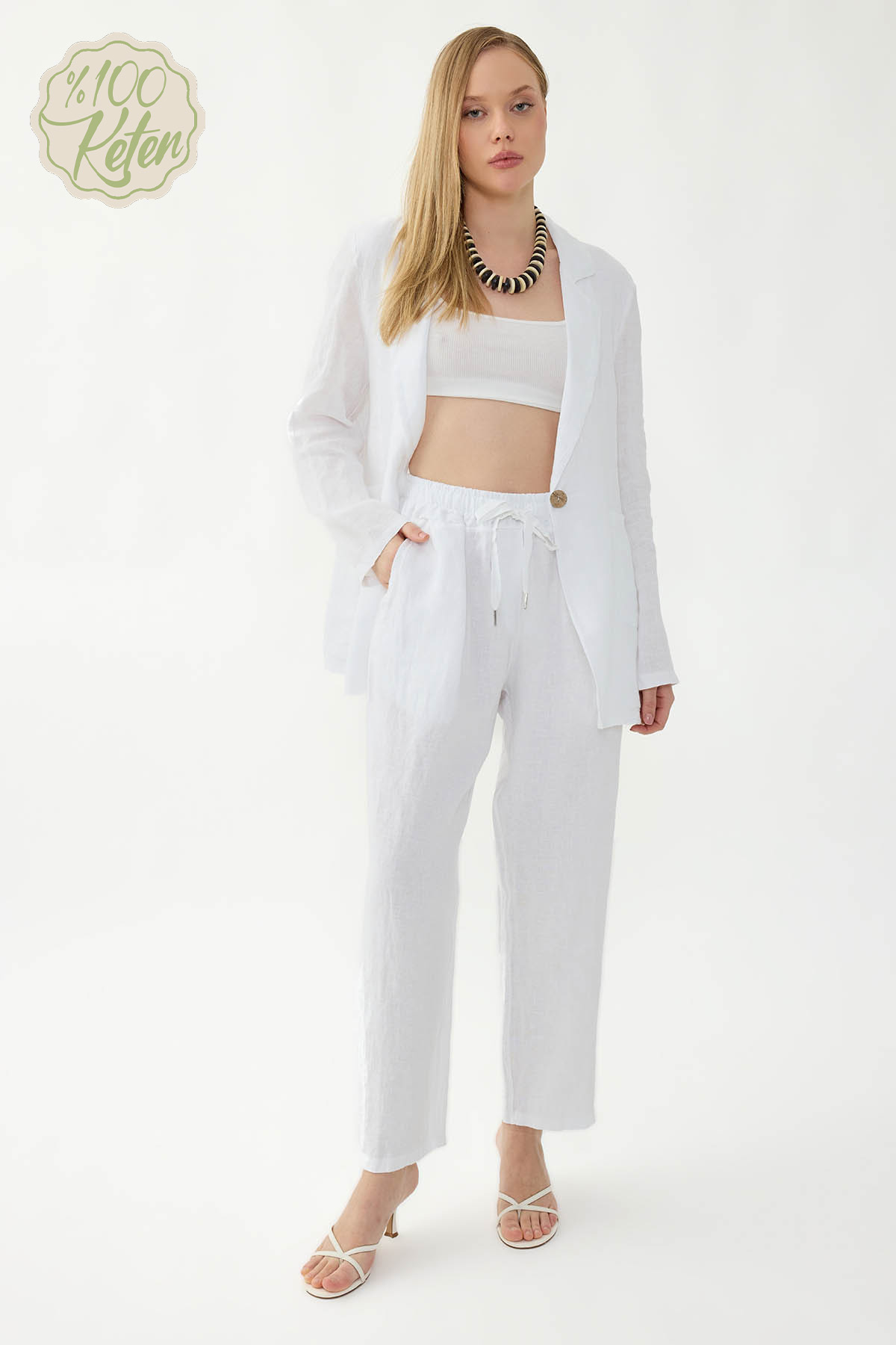 %100 Keten Beli Lastikli Cepli Geniş Paça Pantolon - Thumbnail
