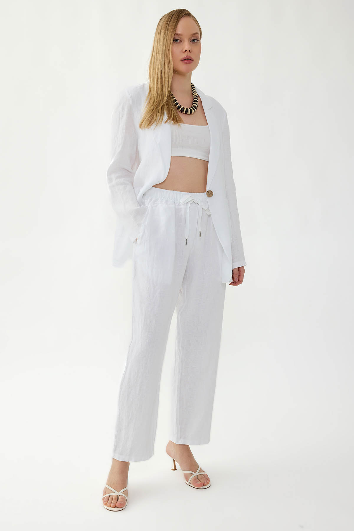 %100 Keten Beli Lastikli Cepli Geniş Paça Pantolon - Thumbnail