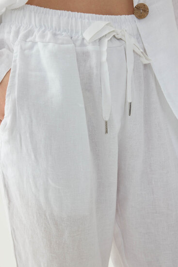 %100 Keten Beli Lastikli Cepli Geniş Paça Pantolon - 5
