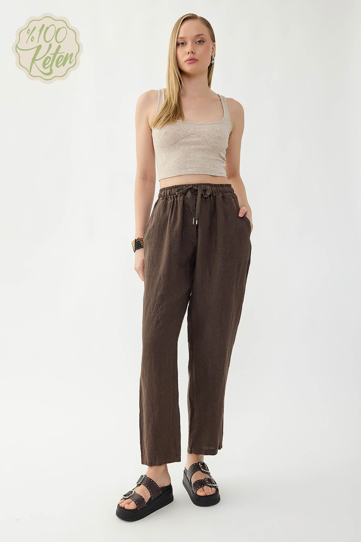 %100 Keten Beli Lastikli Cepli Geniş Paça Pantolon - Thumbnail