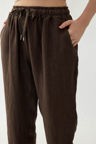 %100 Keten Beli Lastikli Cepli Geniş Paça Pantolon - 18