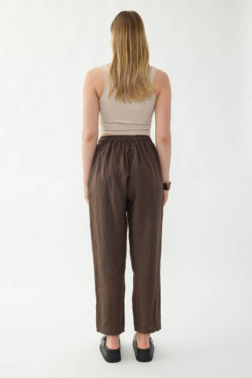 %100 Keten Beli Lastikli Cepli Geniş Paça Pantolon - 20