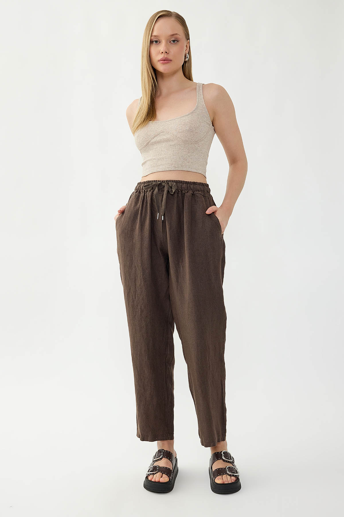 %100 Keten Beli Lastikli Cepli Geniş Paça Pantolon - Thumbnail