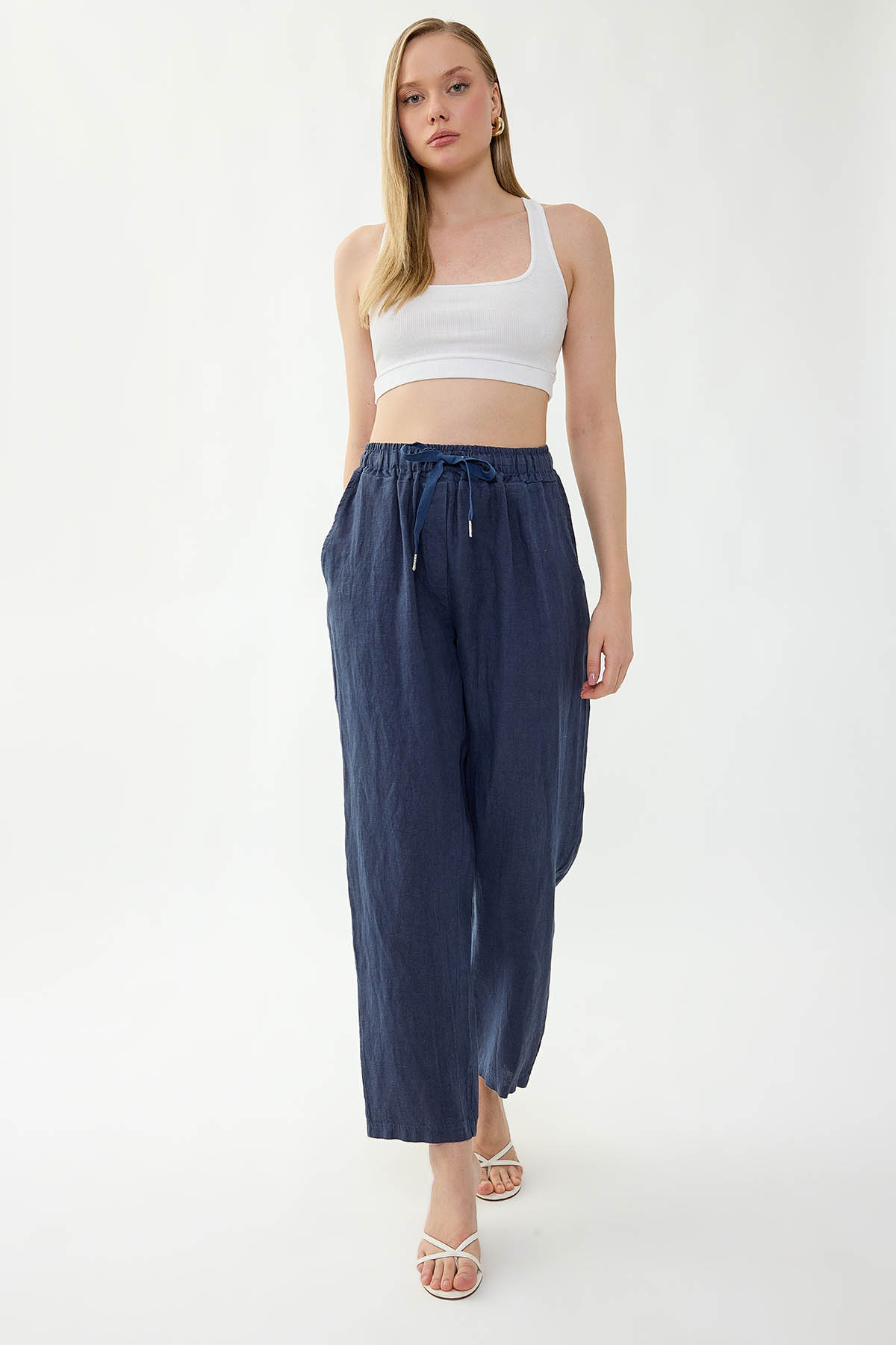 %100 Keten Beli Lastikli Cepli Geniş Paça Pantolon - Thumbnail