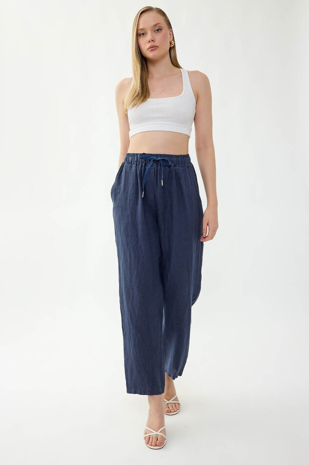 %100 Keten Beli Lastikli Cepli Geniş Paça Pantolon - 22