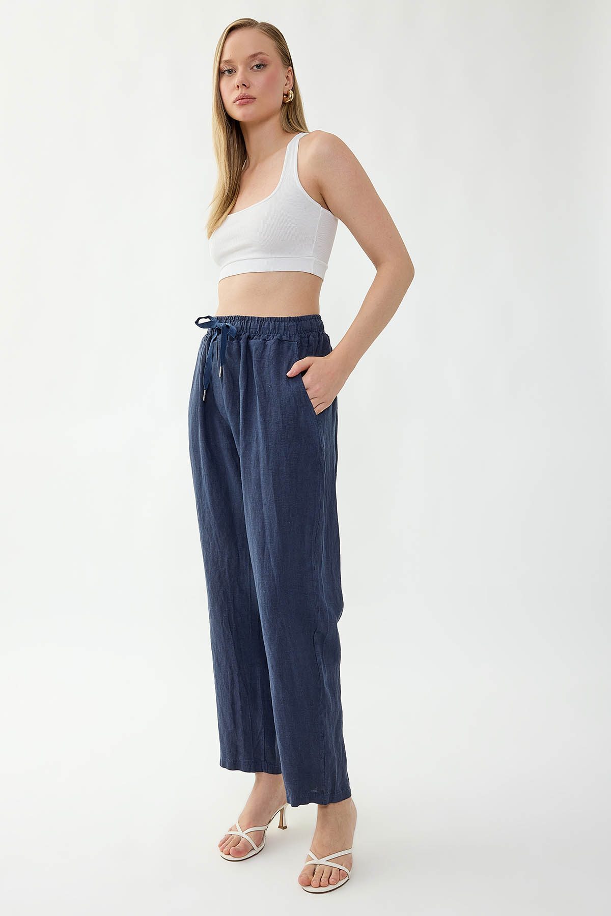 %100 Keten Beli Lastikli Cepli Geniş Paça Pantolon - Thumbnail