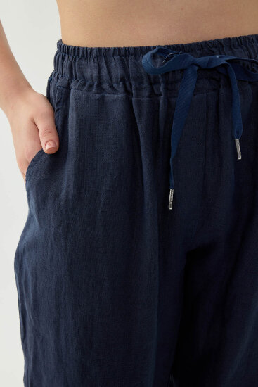 %100 Keten Beli Lastikli Cepli Geniş Paça Pantolon - 24