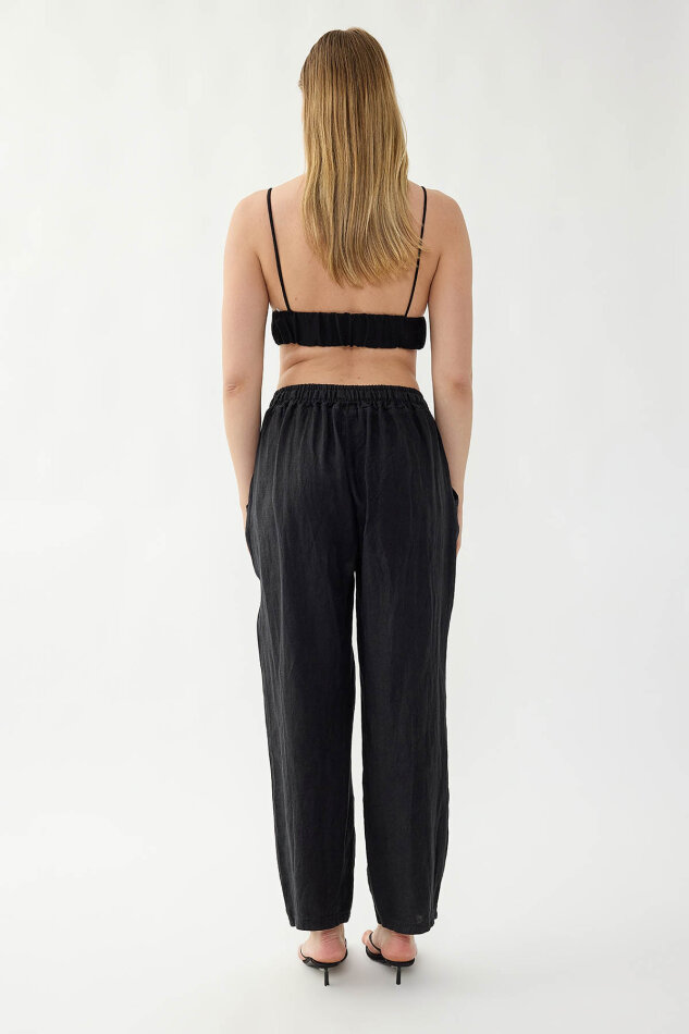 %100 Keten Beli Lastikli Cepli Geniş Paça Pantolon - 29