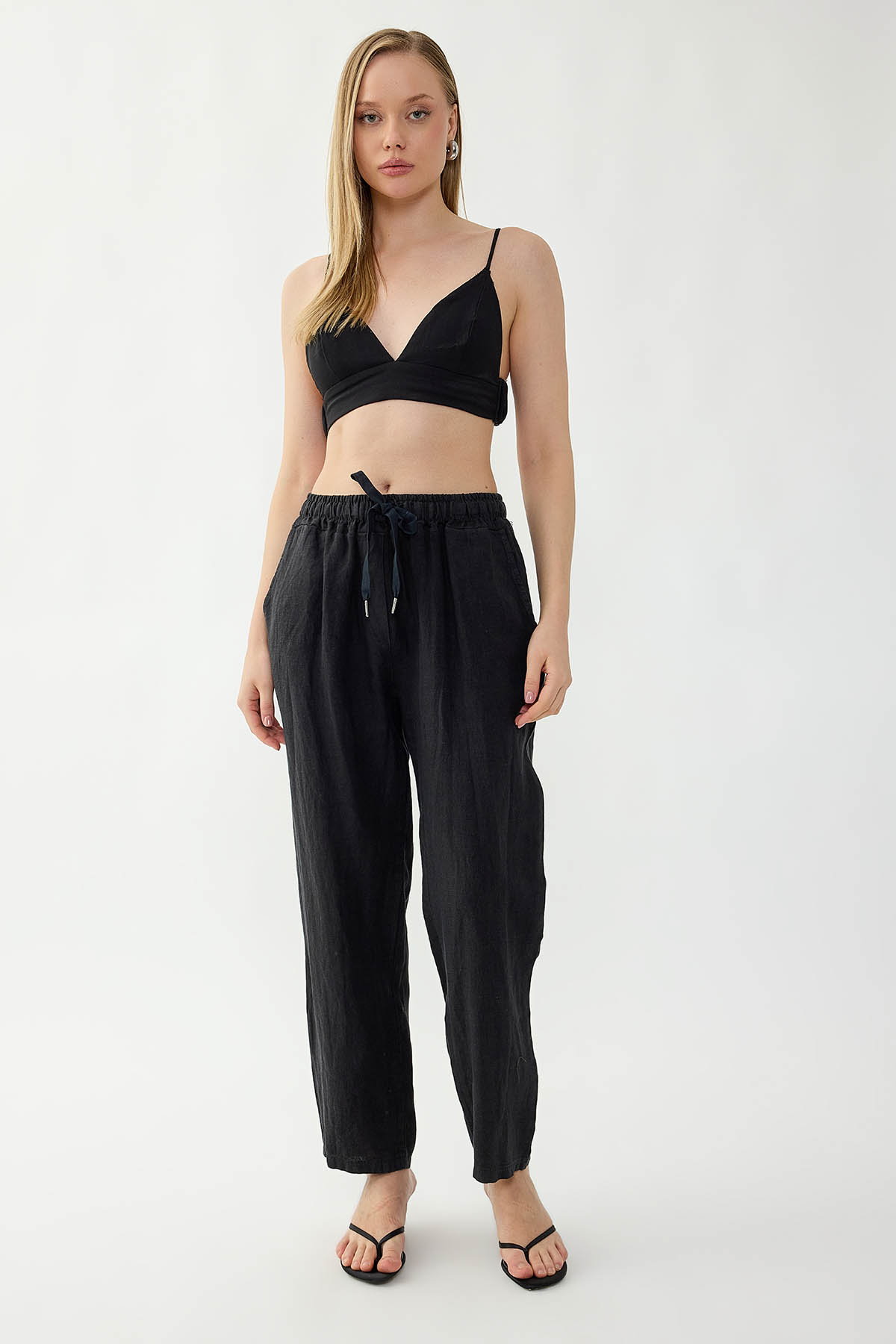 %100 Keten Beli Lastikli Cepli Geniş Paça Pantolon - Thumbnail