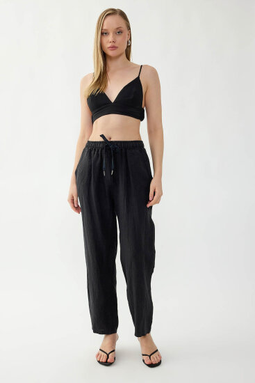 %100 Keten Beli Lastikli Cepli Geniş Paça Pantolon - 27