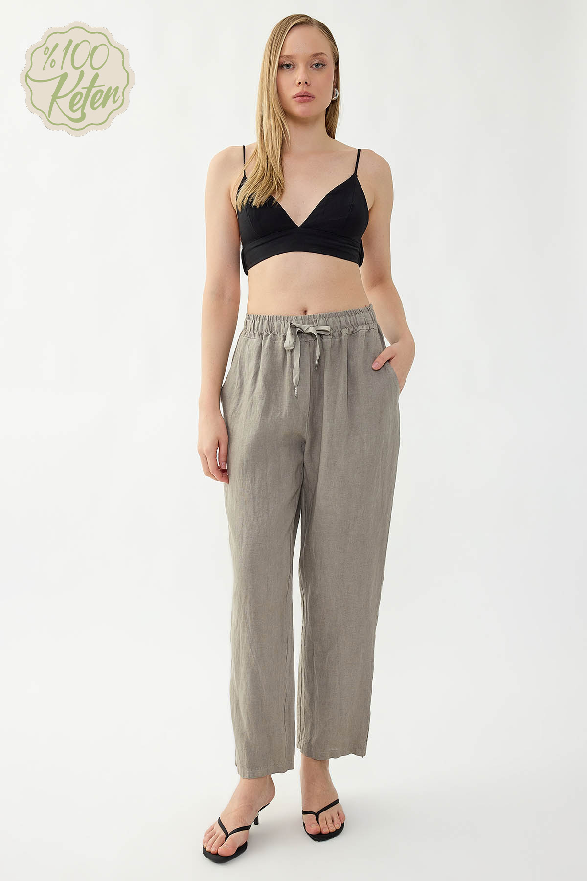 %100 Keten Beli Lastikli Cepli Geniş Paça Pantolon - Thumbnail