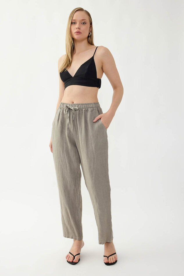 %100 Keten Beli Lastikli Cepli Geniş Paça Pantolon - 31