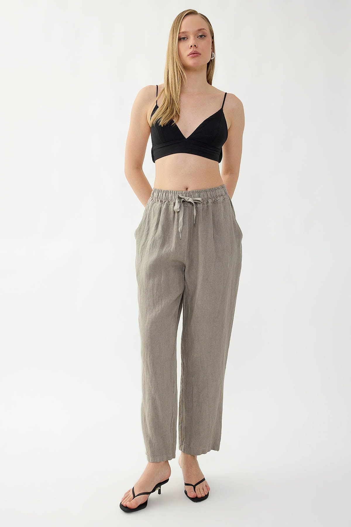 %100 Keten Beli Lastikli Cepli Geniş Paça Pantolon - Thumbnail