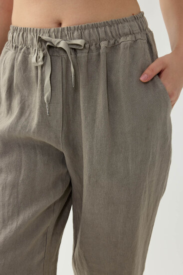 %100 Keten Beli Lastikli Cepli Geniş Paça Pantolon - 33
