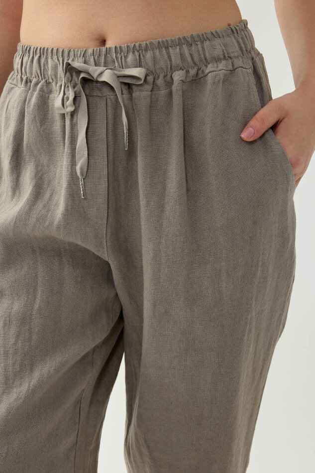%100 Keten Beli Lastikli Cepli Geniş Paça Pantolon - 33