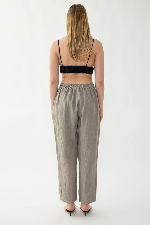 %100 Keten Beli Lastikli Cepli Geniş Paça Pantolon - 34