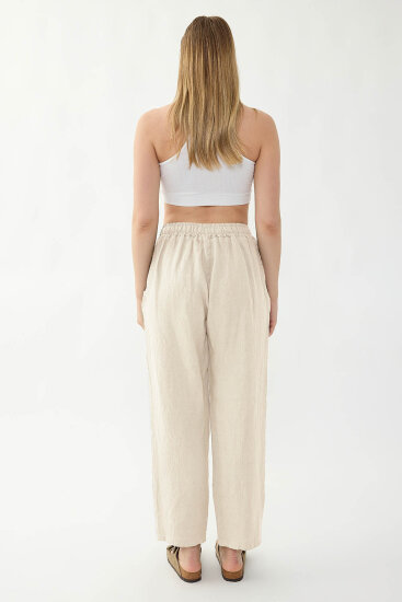 %100 Keten Beli Lastikli Cepli Geniş Paça Pantolon - 15