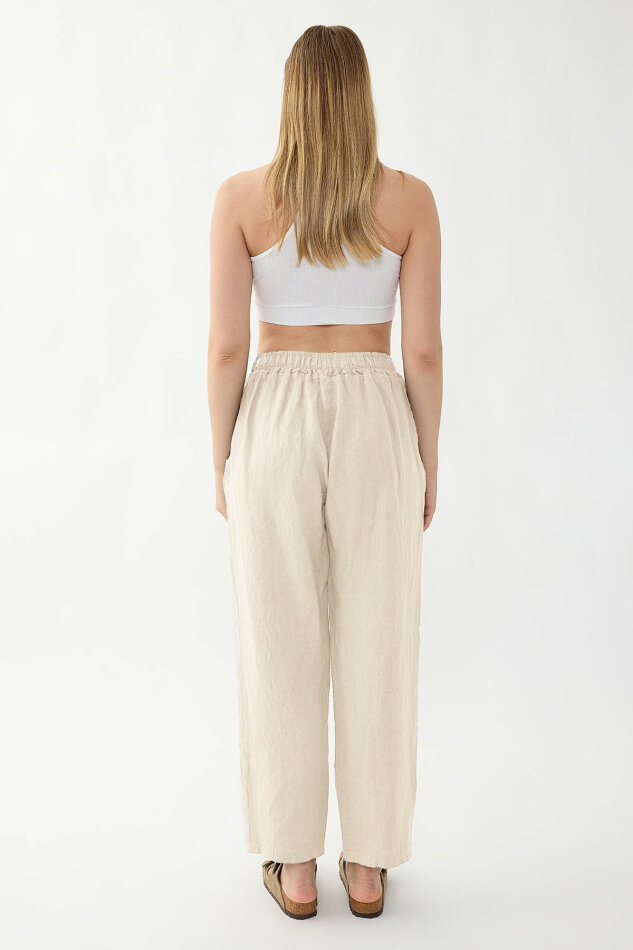 %100 Keten Beli Lastikli Cepli Geniş Paça Pantolon - 15