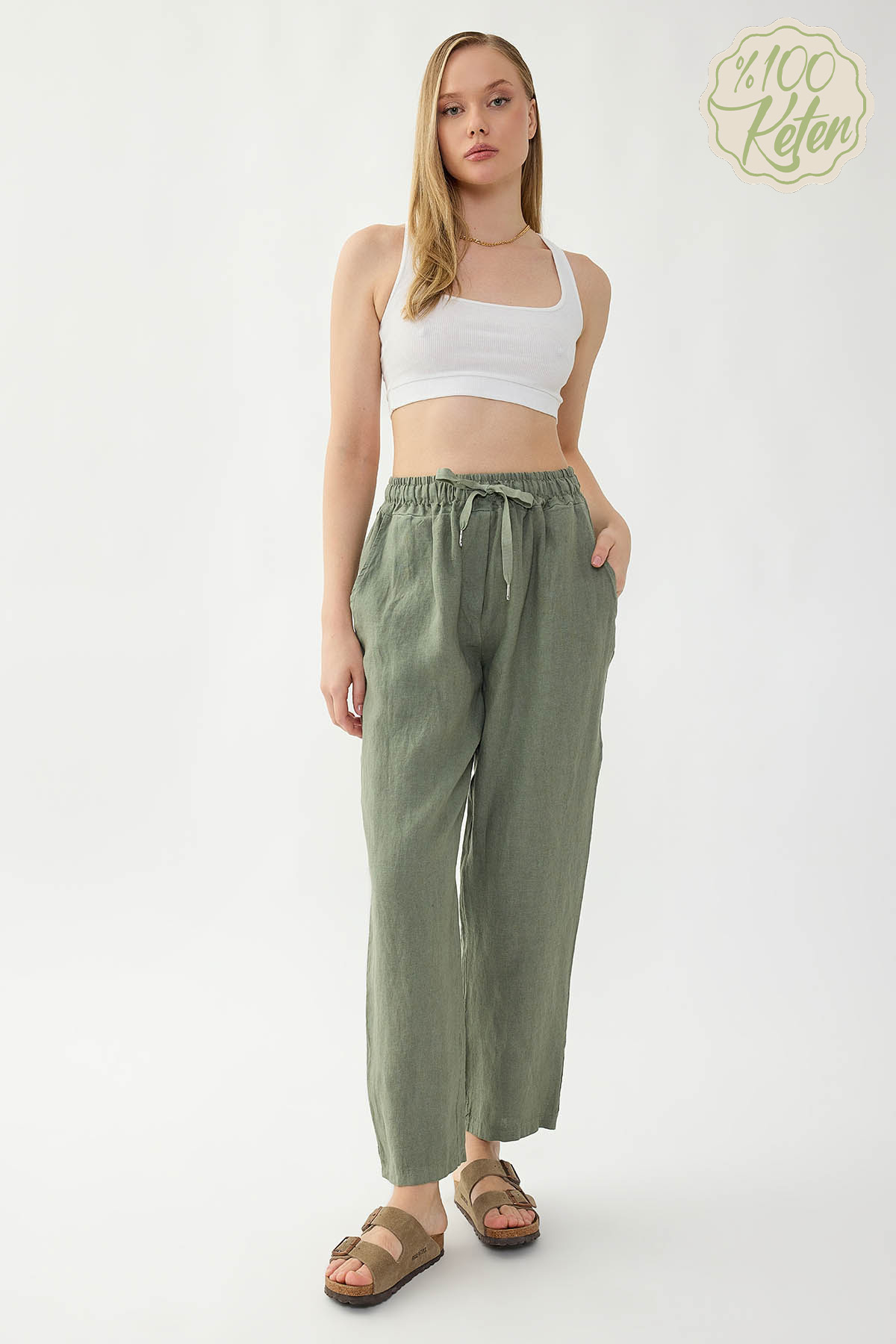 VİTRİN - %100 Keten Beli Lastikli Cepli Geniş Paça Pantolon