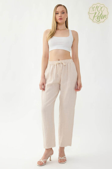 %100 Keten Beli Lastikli Cepli Geniş Paça Pantolon - 11